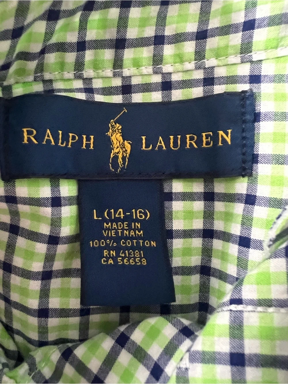 Ralph Lauren Navy & Lime Plaid Cotton Button-Down Shirt boys L(14-16) VGUC